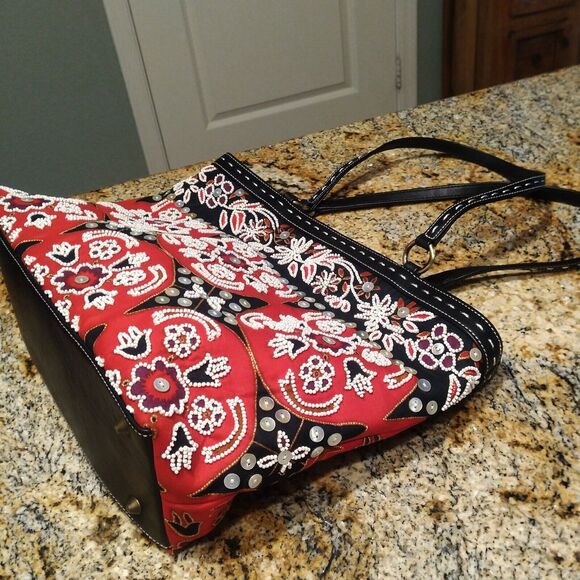 Isabella Fiori Beaded Sequined Canvas Leather Black Red Handbag Tote Bag - Picture 7 of 16